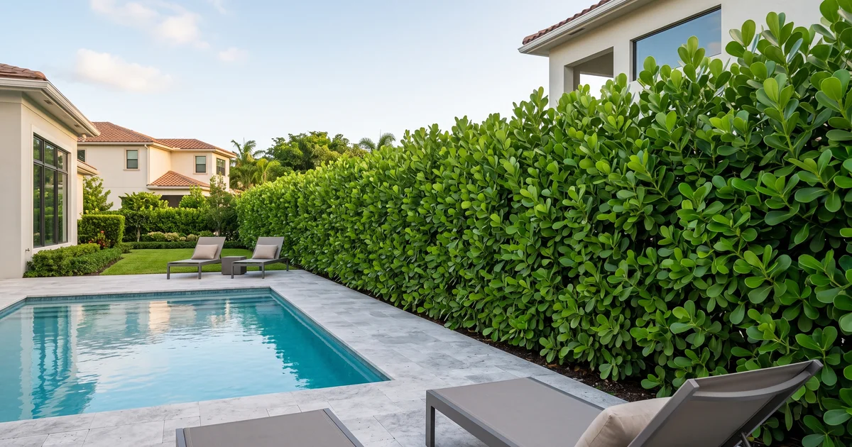 A mature Clusia hedge growing close to a paved pool deck in South Florida, used to illustrate how the root system behaves near structures.