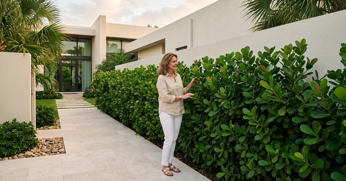 A homeowner reviewing a native hedge along a clean South Florida property line, used to illustrate the maintenance comparison.