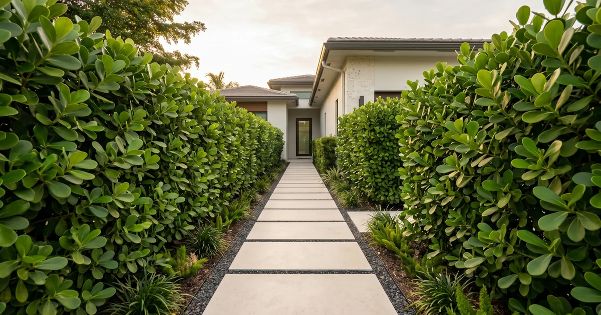 Mature cocoplum and Simpson's stopper hedges blending into a South Florida residential yard.