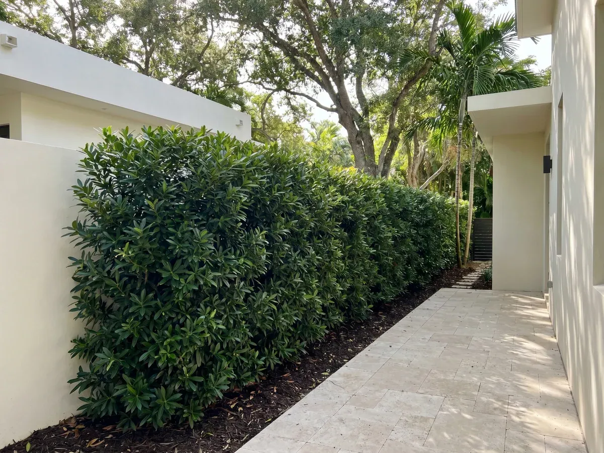 A Podocarpus hedge running along the partially shaded side yard of a Coconut Grove home, holding its density under mature tree canopy.
