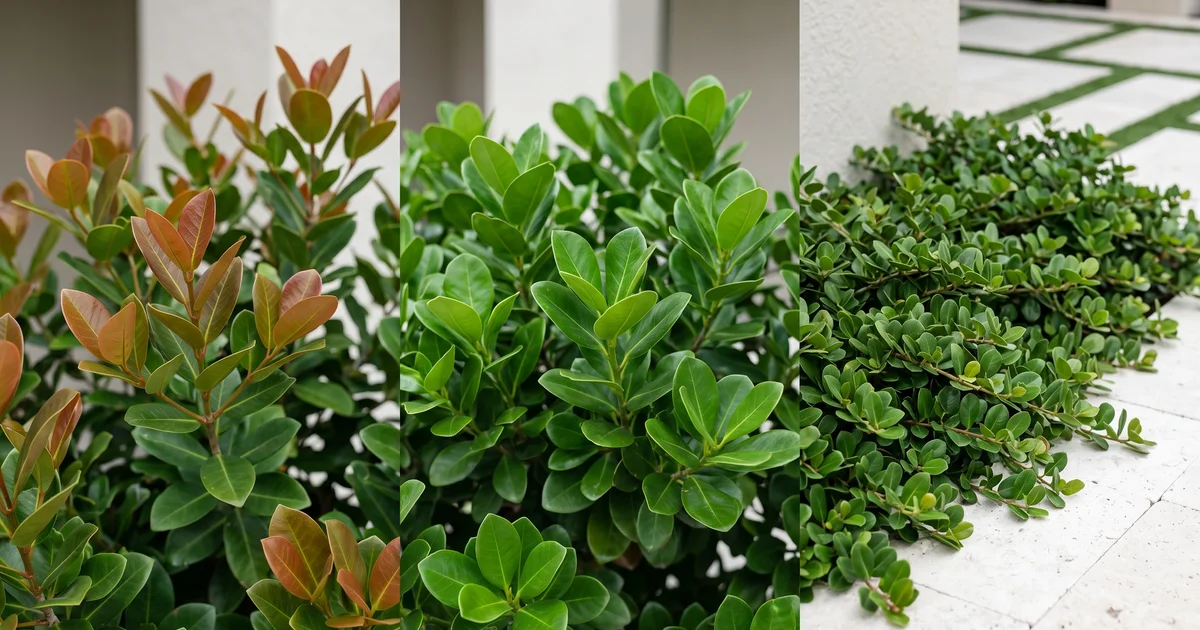 Side-by-side reference of red-tip, green-tip, and horizontal cocoplum foliage, used to illustrate the three varieties.