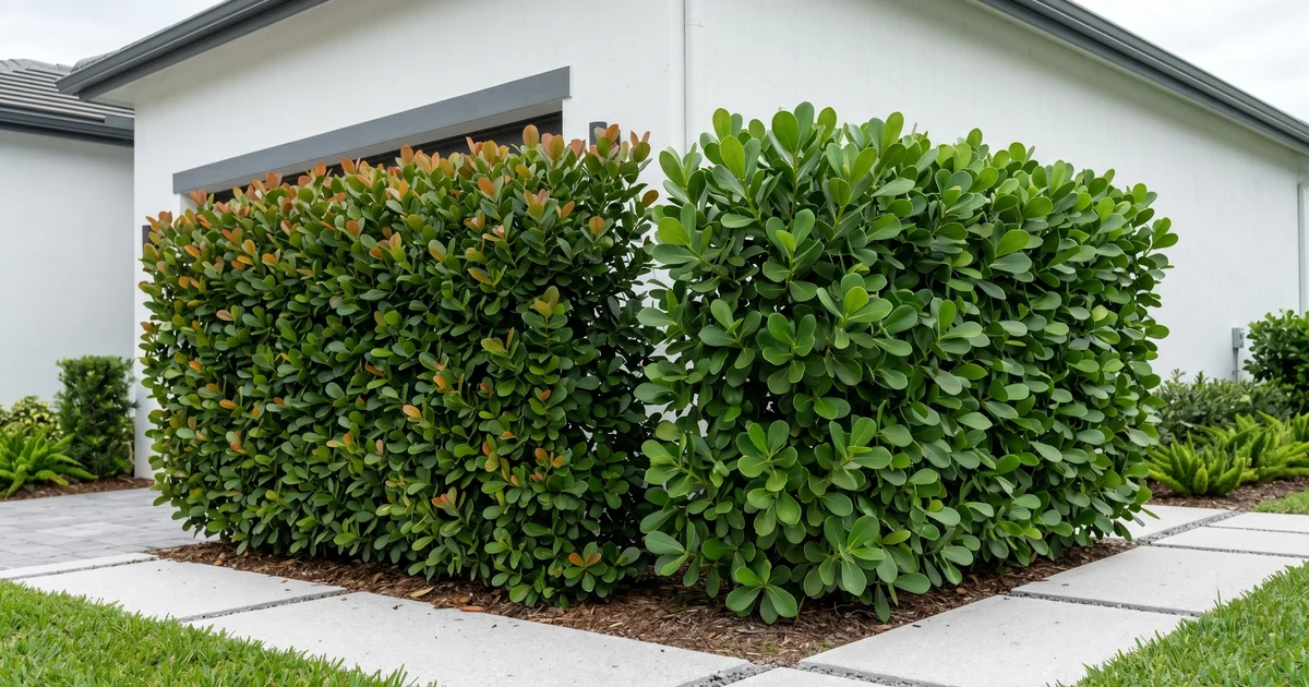Side-by-side reference of cocoplum and Clusia privacy hedges in a South Florida yard, used to illustrate the resemblance and the key differences.