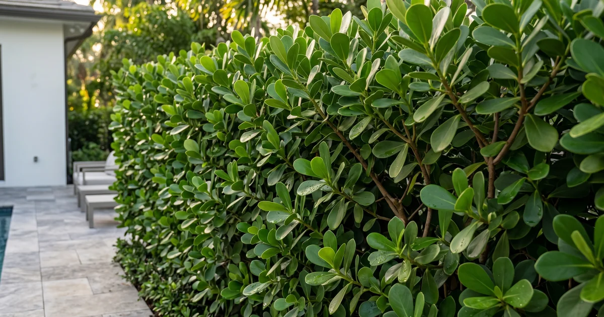A close view of a mature, full Clusia privacy hedge in a South Florida yard, dense and strong from base to top — the result of careful trimming and patient growing rather than a tall thin spindly hedge.