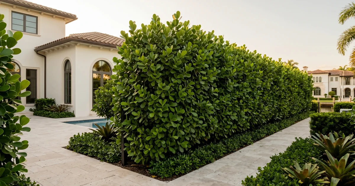 A mature South Florida privacy hedge along a residential property line, well-established and dense after decades of careful maintenance, used to illustrate the long-term lifespan of a properly installed hedge.
