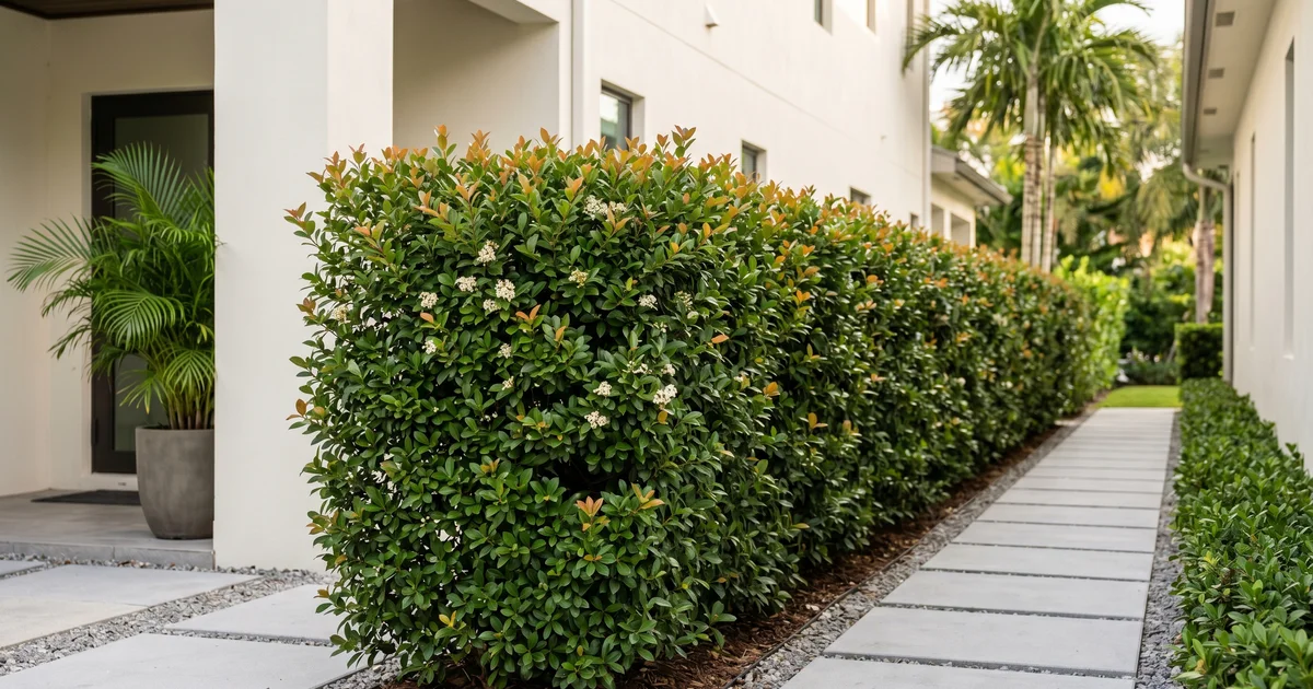 Mature Simpson's stopper privacy hedge along a South Florida side yard, showing the fine-textured glossy foliage and upright form.