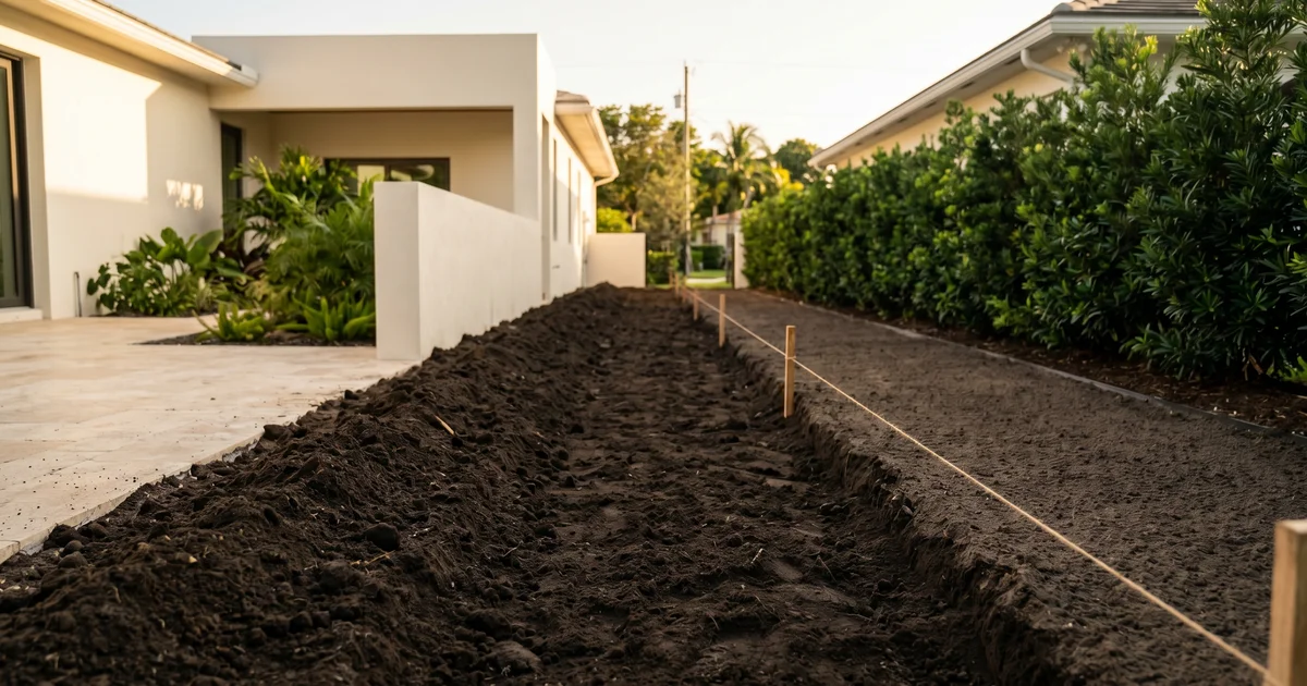 A residential South Florida property line where a failing ficus hedge has been fully removed. Roots and root balls out, clean grade, ready for a new Clusia or Podocarpus install.
