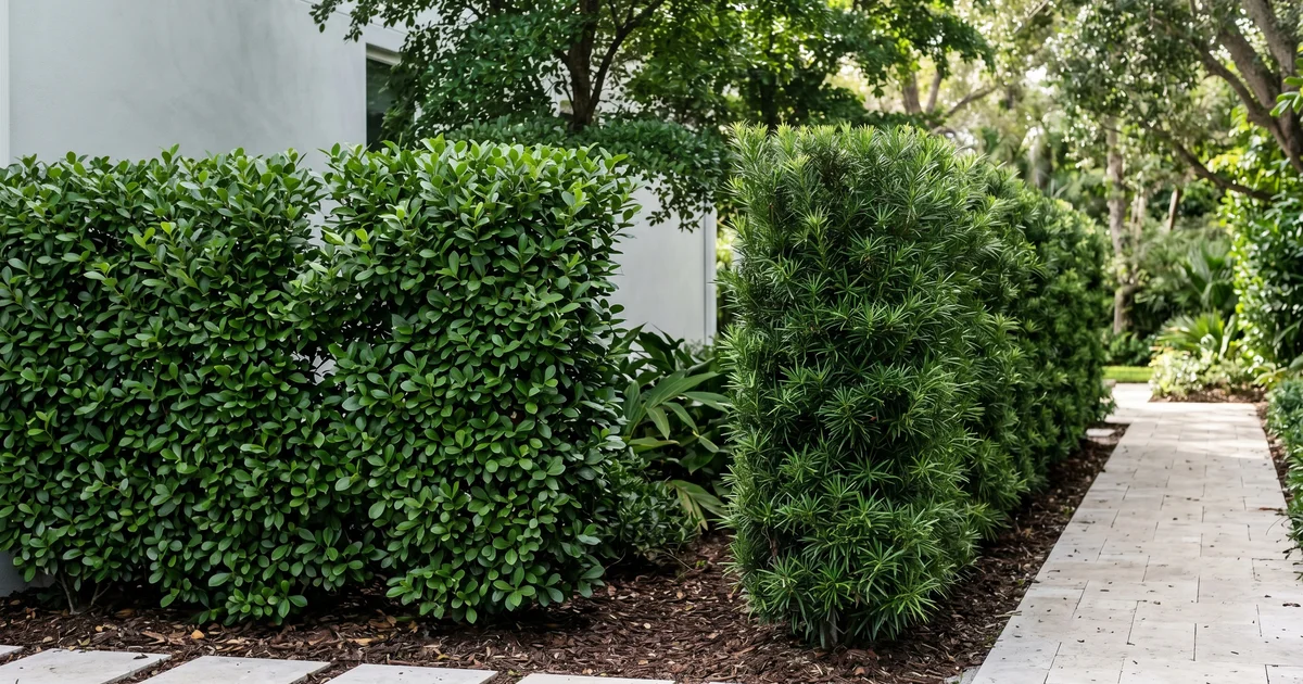 Walter's viburnum and Podocarpus hedge sections planted in a shaded South Florida side yard, used for the species comparison.