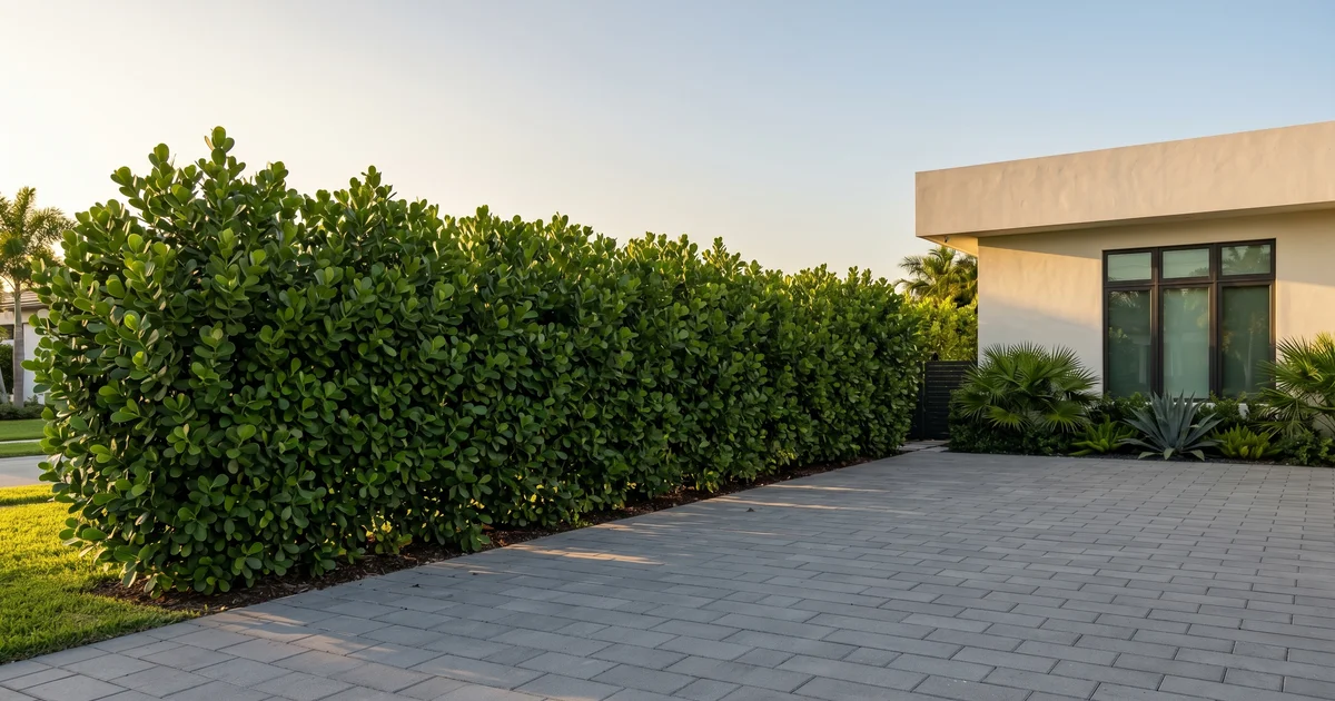 Mature Clusia privacy hedge along a South Florida home, used to illustrate seasonal planting timing for privacy hedges.