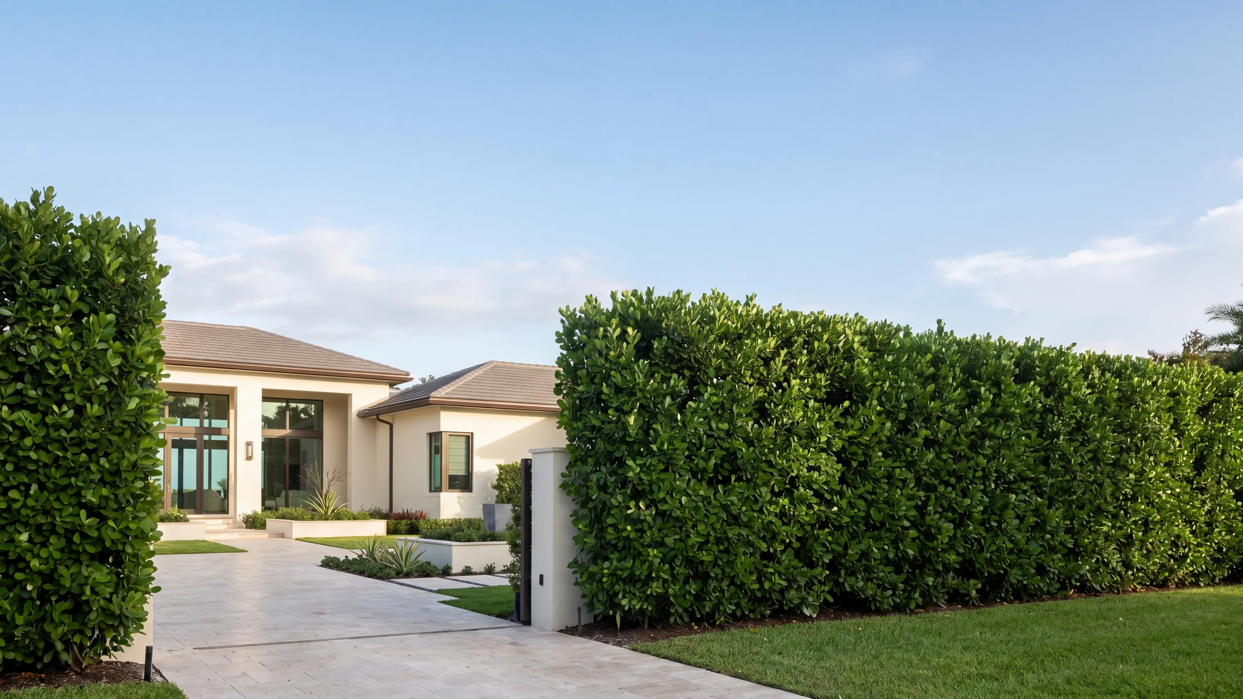 A finished hedge install on a West Palm Beach estate property, illustrating the premium outcome that delivery-only stock from a specialist nursery supports for contractor installs.