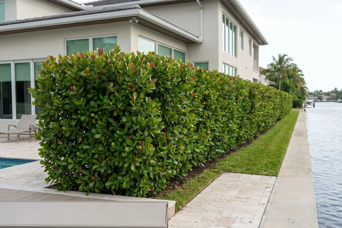 A completed red-tip cocoplum privacy hedge along a Fort Lauderdale canal-front yard, holding up to direct salt spray and forming a continuous green line.