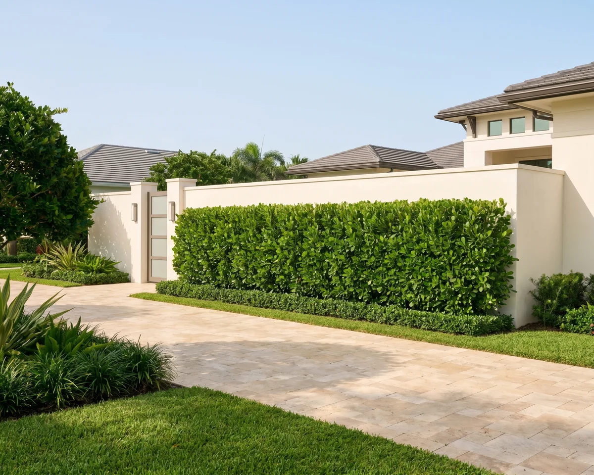 A Palm Beach Gardens country-club property with a finished Podocarpus hedge running along the entry drive, clipped to a clean architectural line.