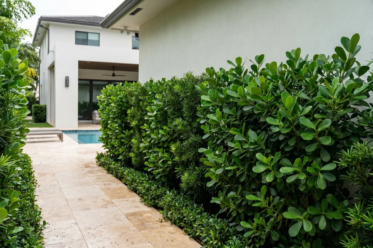 A Coral Gables home with an FFL-certified native hedge perimeter installed by Mr. Clusia, replacing failing non-native hedges and shared-zone irrigation.