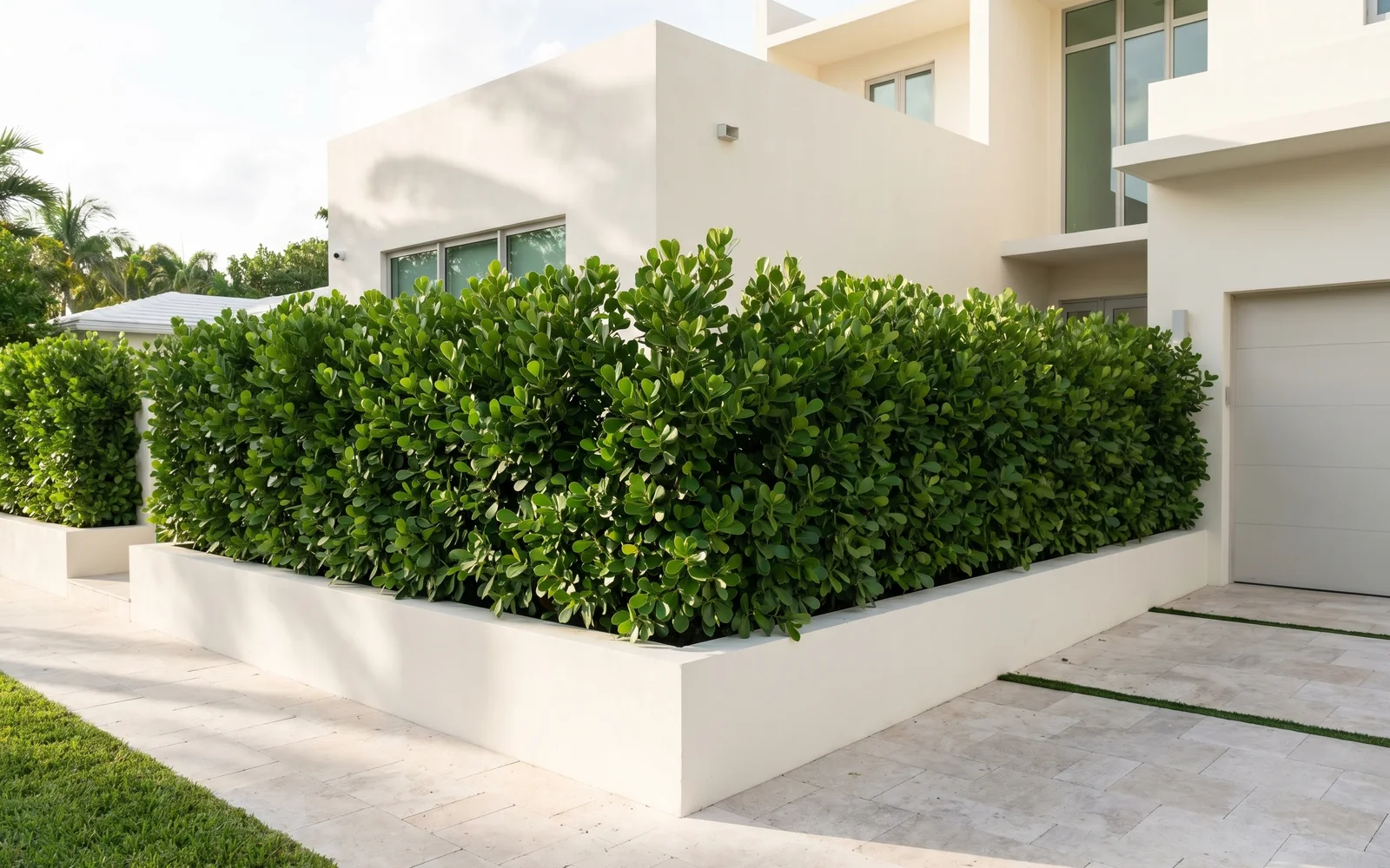 A completed single-day privacy hedge installation wrapping three sides of a Miami corner lot in one consistent hedge line.