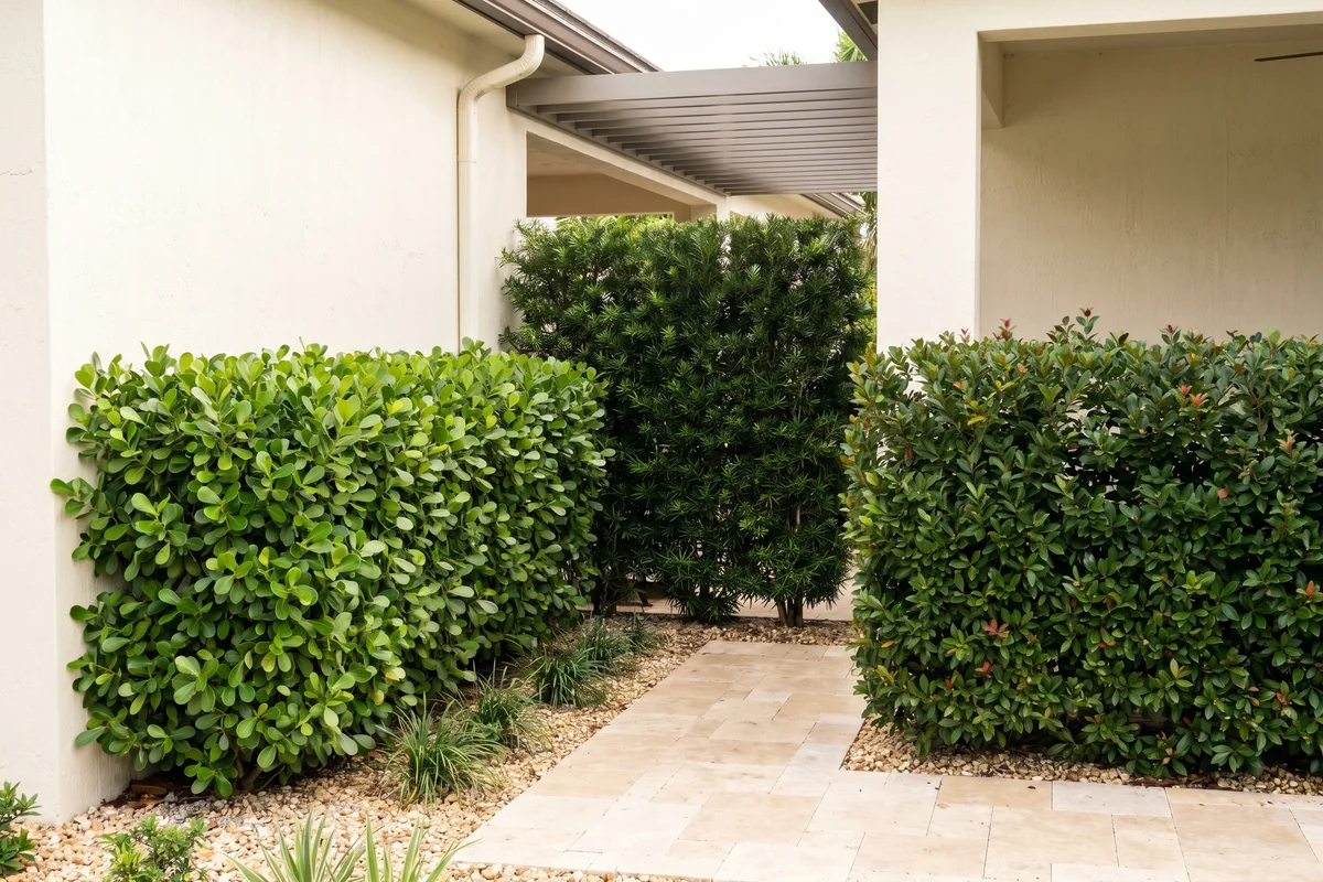 A South Florida yard with three distinct Florida-native hedge runs — cocoplum, Walter's viburnum, and Simpson's stopper — each matched to a different exposure.