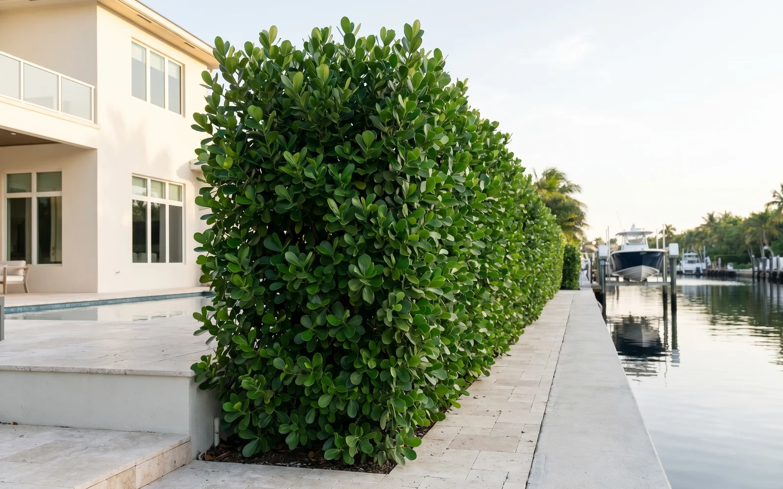 A completed Clusia privacy hedge running along the canal-facing edge of a Rio Vista Fort Lauderdale home.
