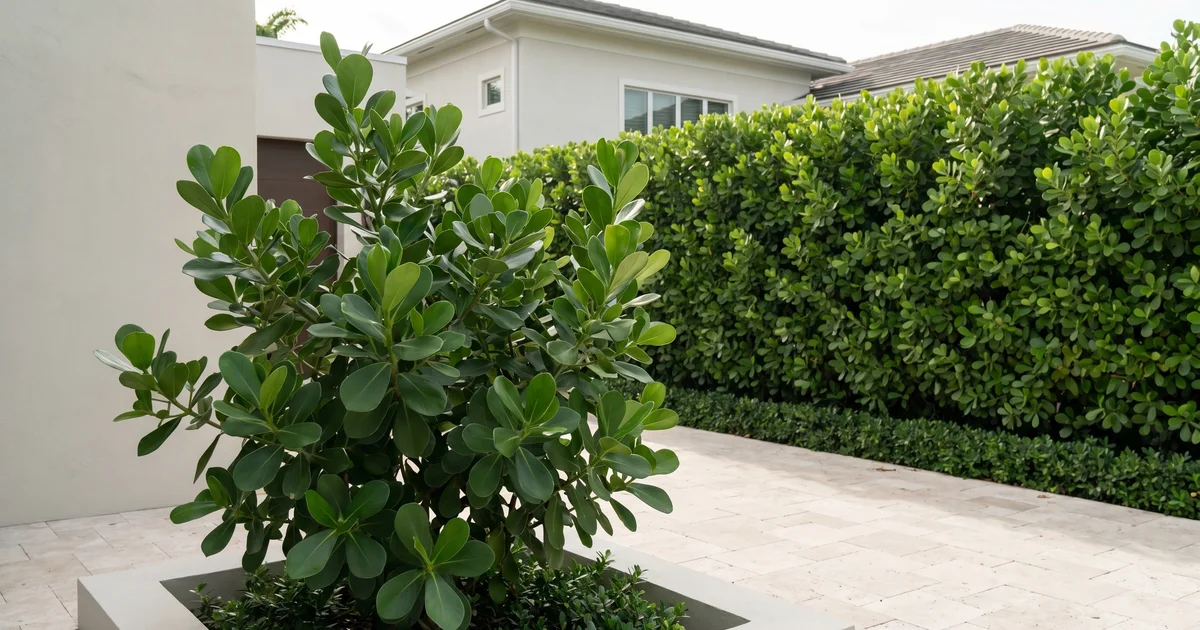 A single Clusia shrub planted as a feature next to a Clusia hedge along a property line, illustrating the use-case difference.