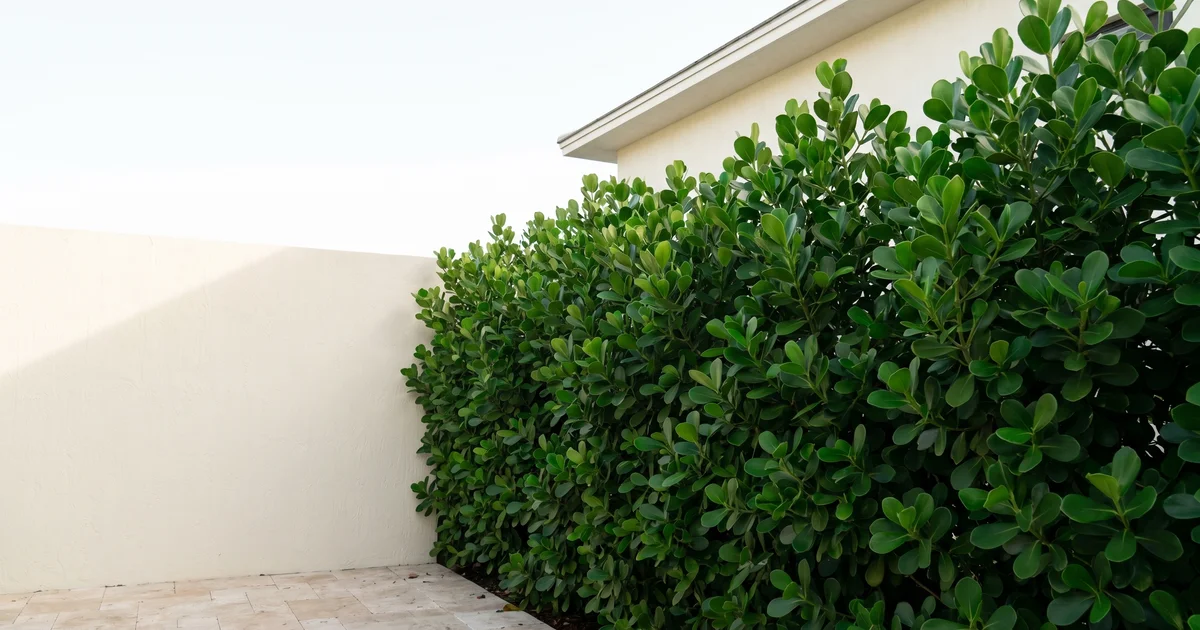A maturing Clusia hedge along a South Florida property line, used to illustrate growth-rate expectations after planting.