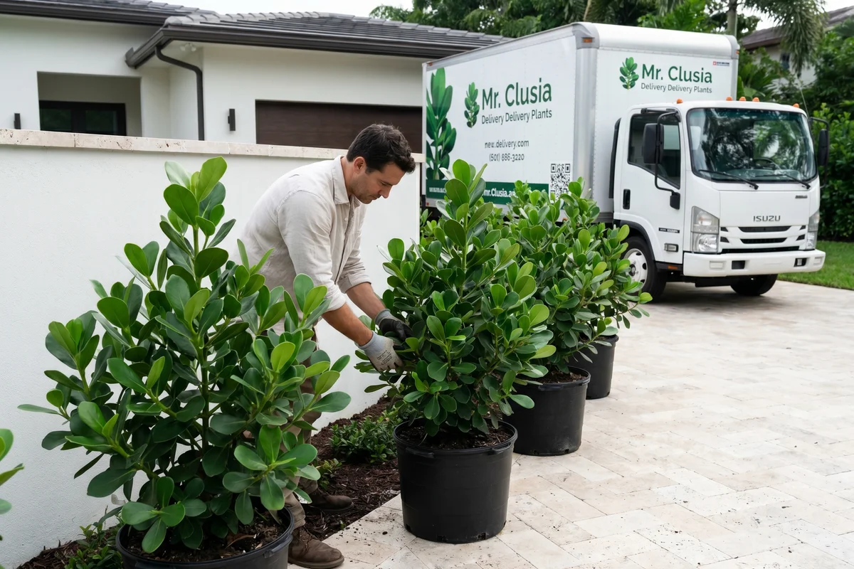 A homeowner planting nursery-grown Clusia plants along a Pinecrest property line on a Saturday morning, with the delivery truck visible in the background.