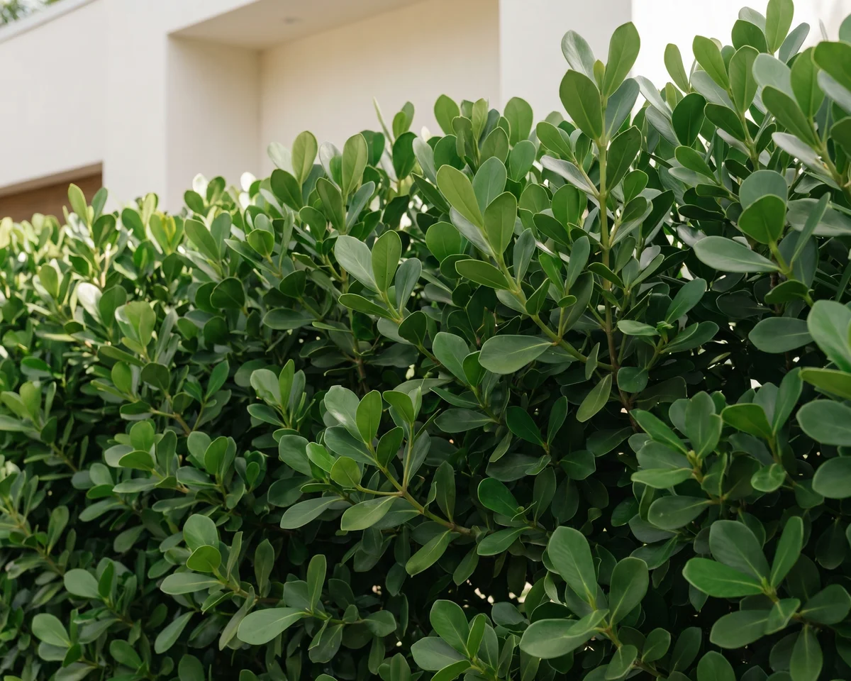 Close-up of dense, glossy Clusia leaves forming a natural privacy screen.