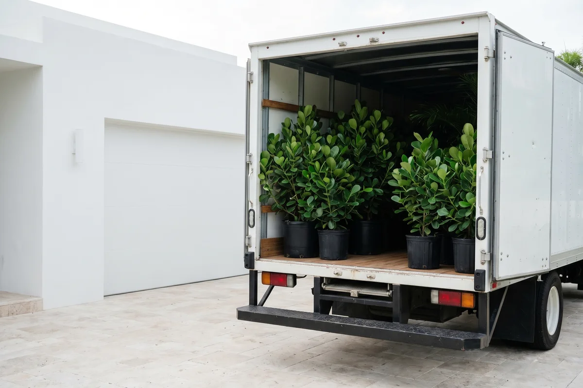 Mr. Clusia delivery truck loaded with nursery-grown Clusia plants in 15 and 25-gallon containers, ready for a South Florida residential delivery.