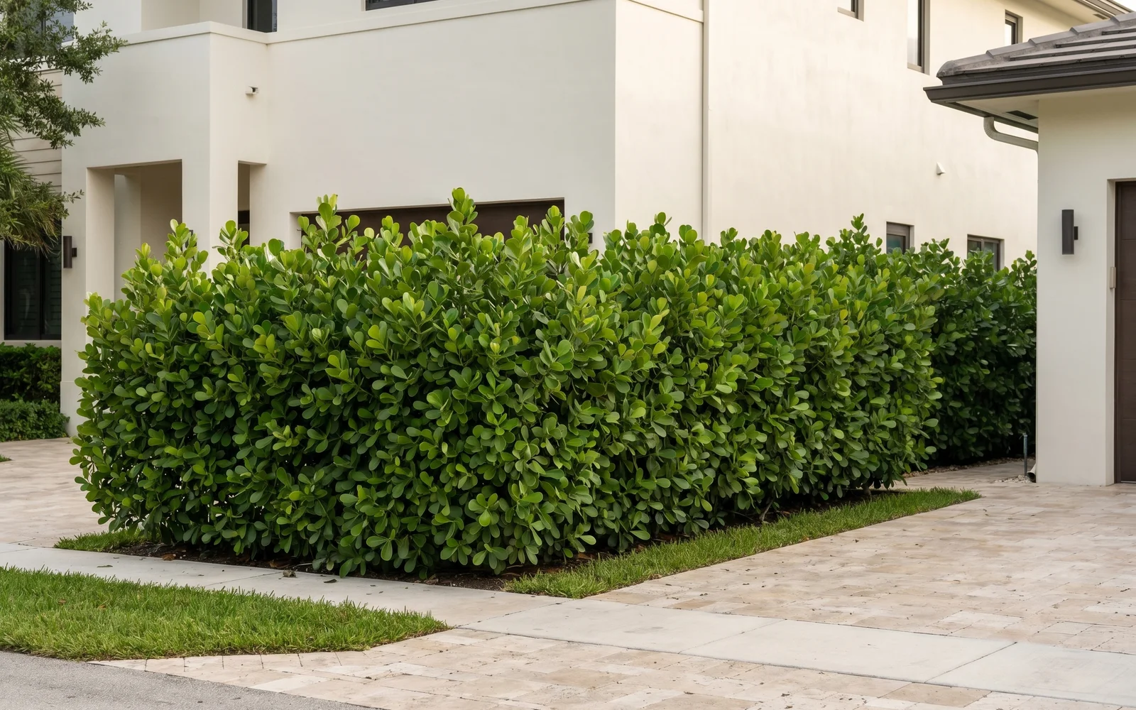 A finished Clusia privacy hedge along a Coral Gables street edge, installed as a long-term replacement for a ficus hedge lost to whitefly damage.