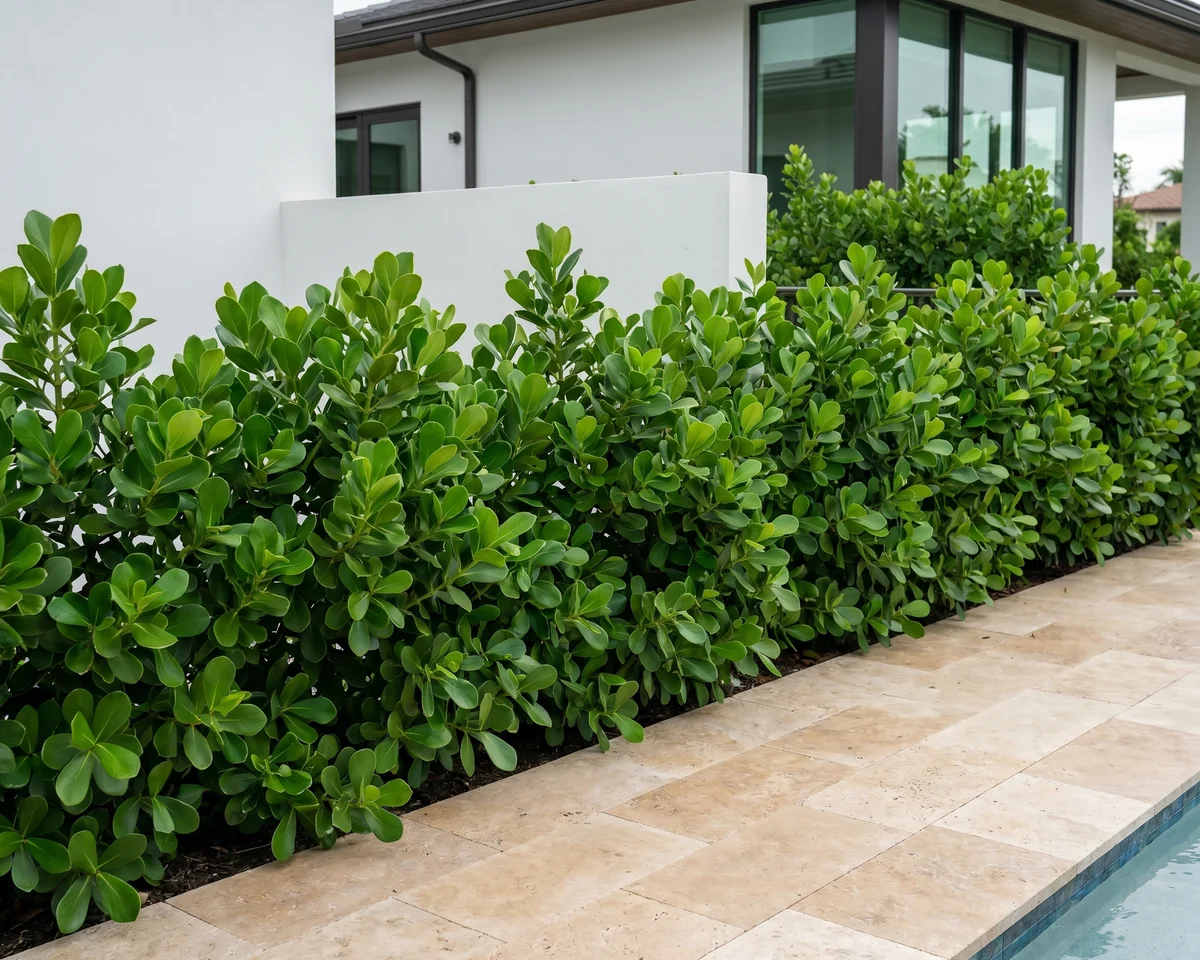 A detailed view of a recently completed privacy hedge line in South Florida, showing the density and evenness of the install.