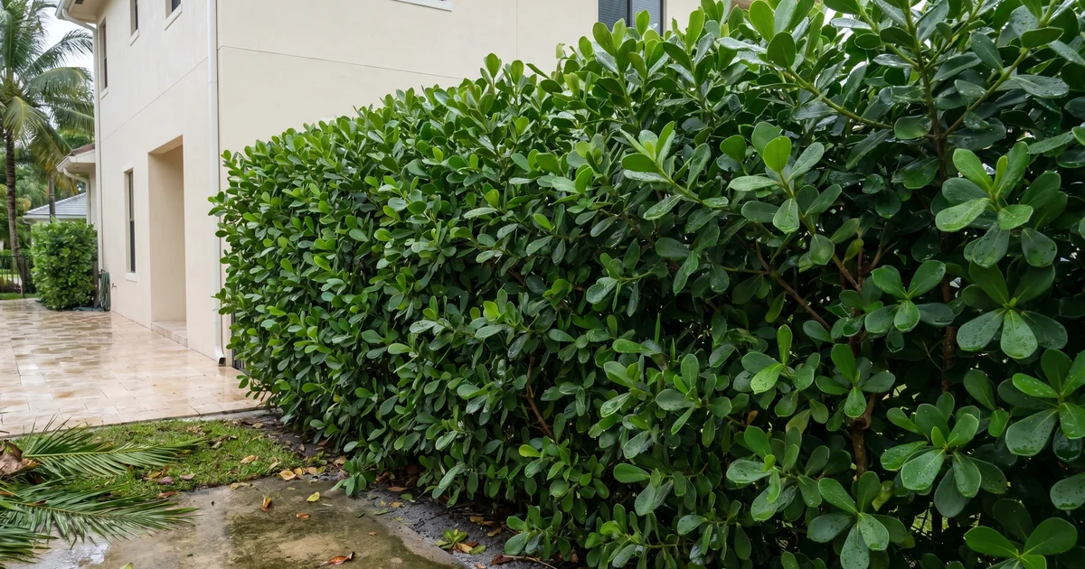 A mature Clusia privacy hedge holding its form after a South Florida storm, used to illustrate hurricane survival on residential hedges.