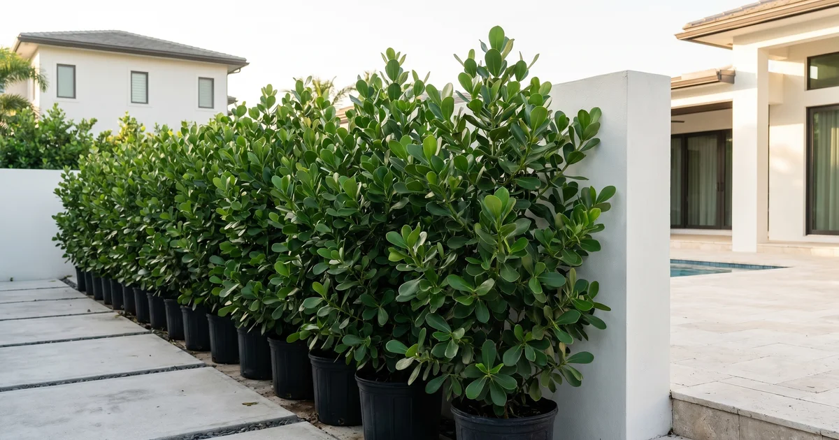 A row of large 15-gallon and 25-gallon Clusia plants in a South Florida nursery, ready for an estate-scale install.