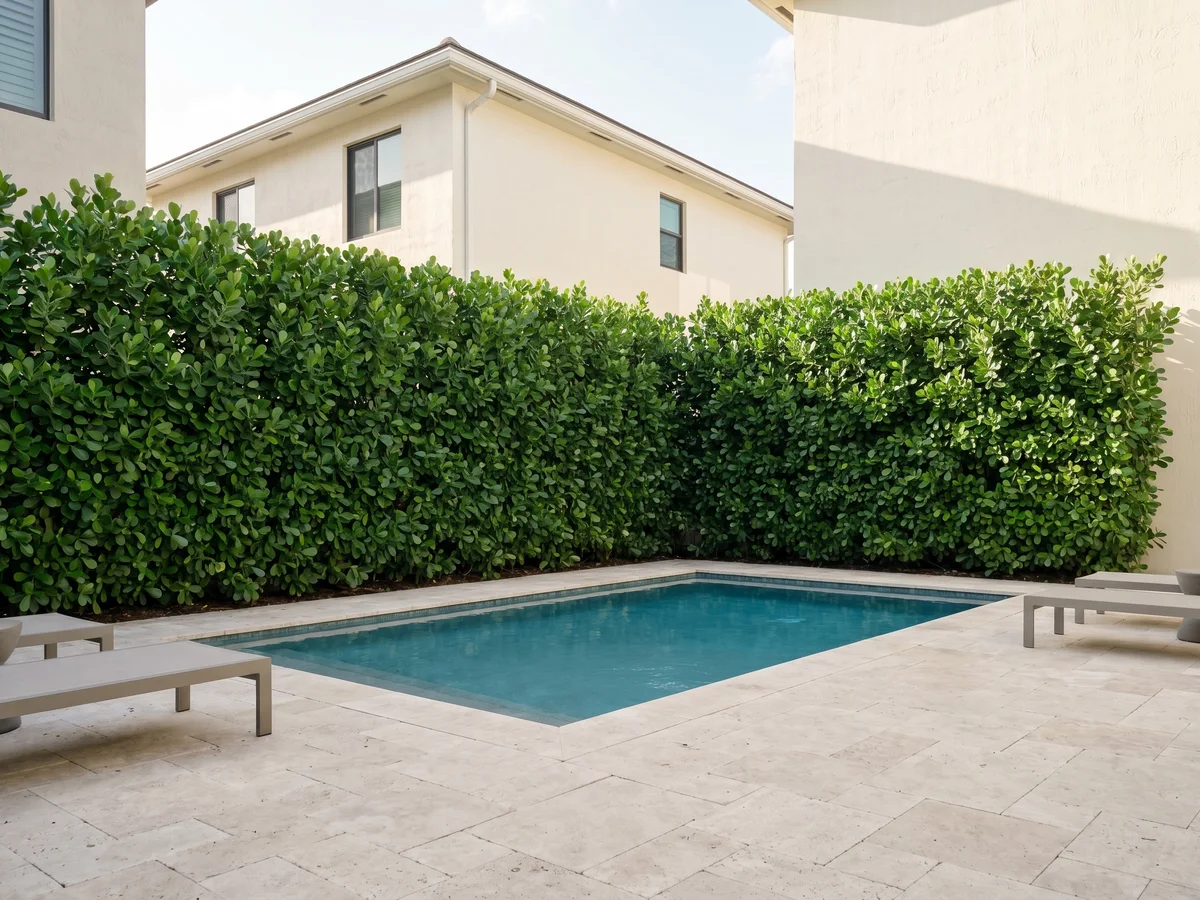 A Clusia privacy hedge wrapping a Miami backyard pool, forming a dense green screen along two property edges.
