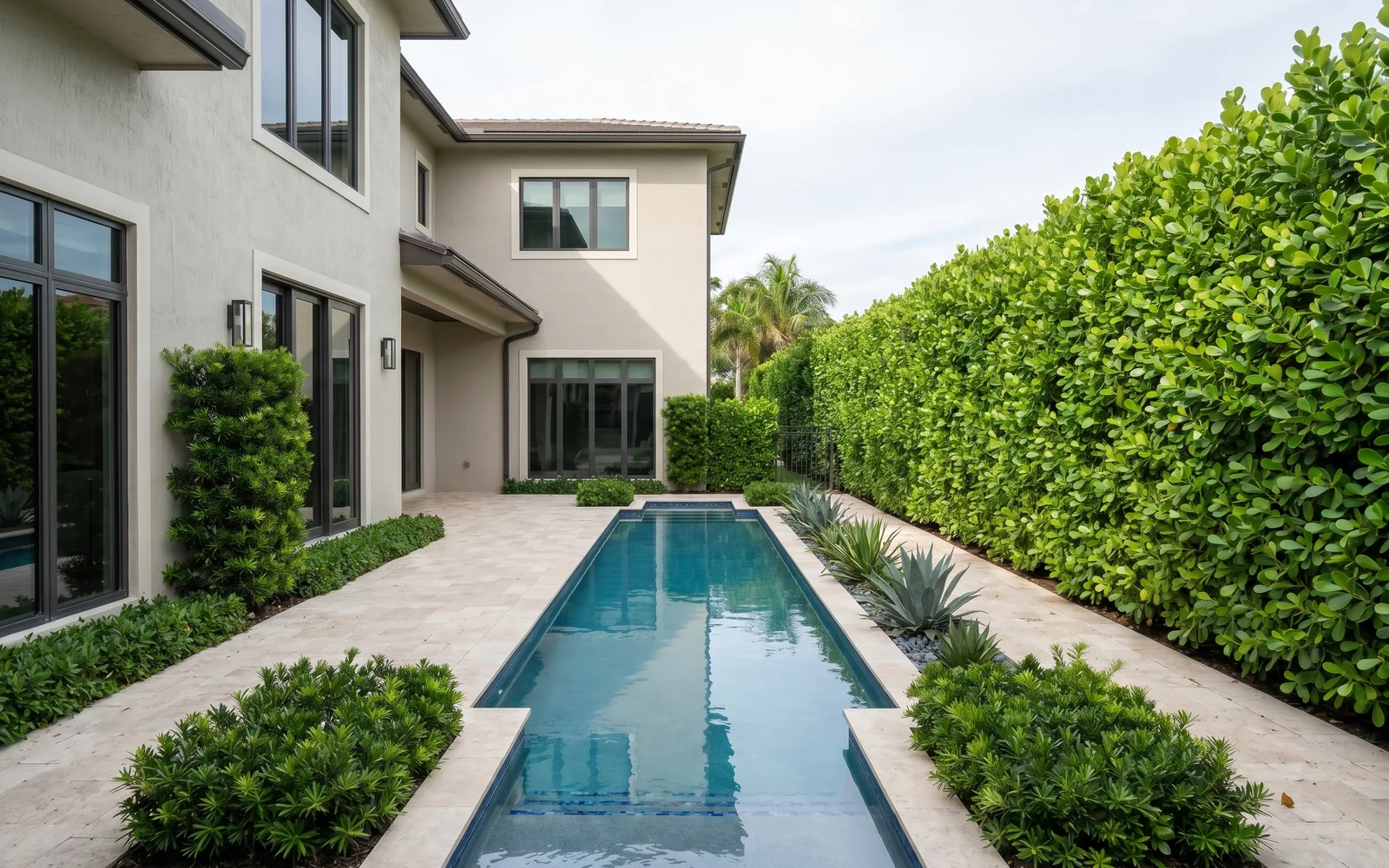 A completed tall Clusia privacy hedge wrapping the pool and patio area of a Pinecrest South Florida home.