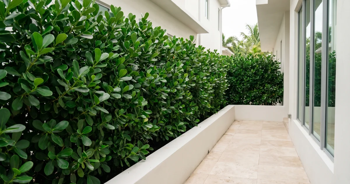 A finished Clusia privacy hedge along a South Florida home, used to illustrate what a residential hedge install actually costs.