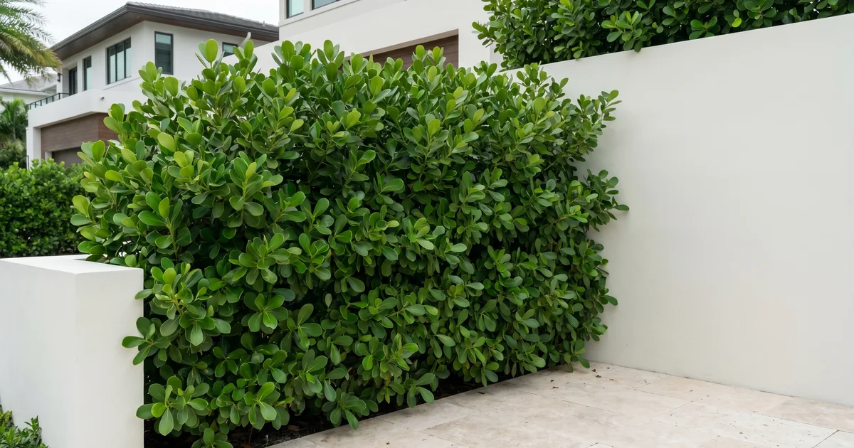 A mature Clusia hedge along a South Florida property line, used to illustrate the plant that is sometimes searched for as 'calusa'.
