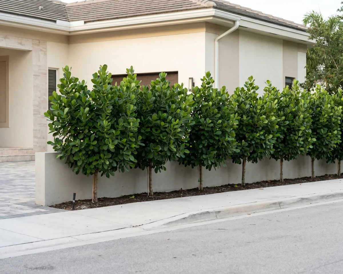 A recently installed privacy hedge along a Fort Lauderdale residential street with clean spacing and mature plant starter size.