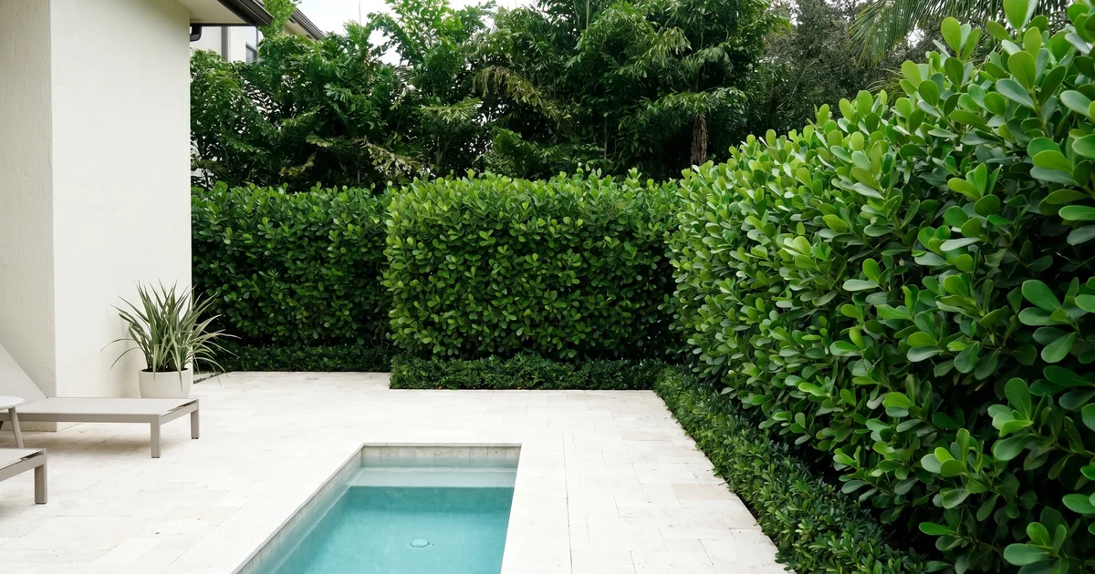 A finished Clusia privacy hedge wrapping a South Florida pool patio, used to illustrate what works around residential pools.