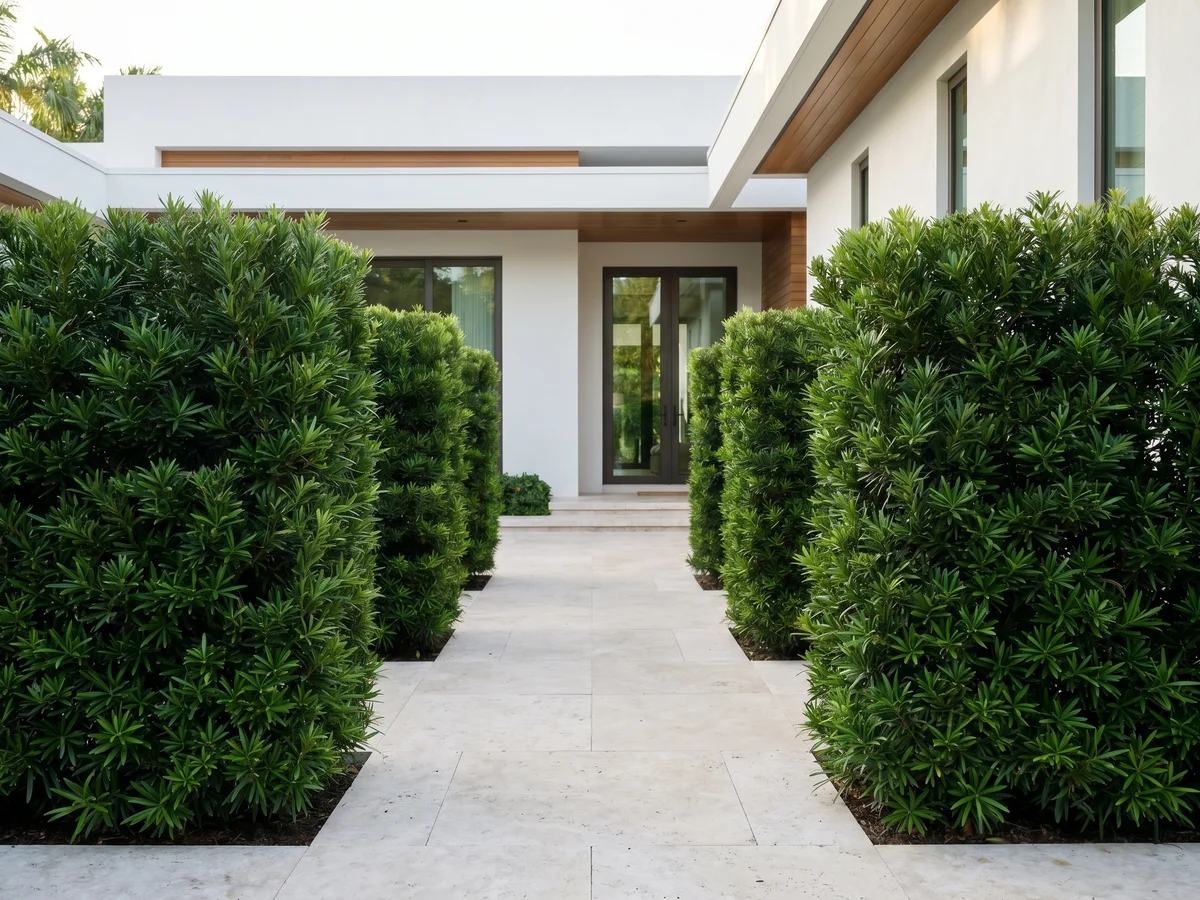 A shaped Podocarpus hedge flanking the entry courtyard of a West Palm Beach home, cut into a clean formal line.