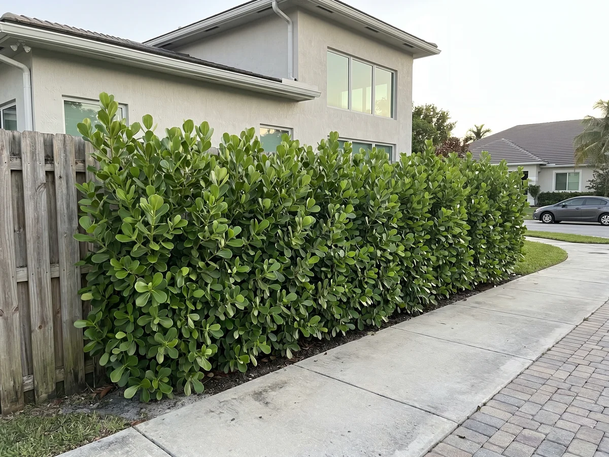 A Clusia hedge lining the street-facing edge of a Fort Lauderdale home, replacing a dated wood fence.