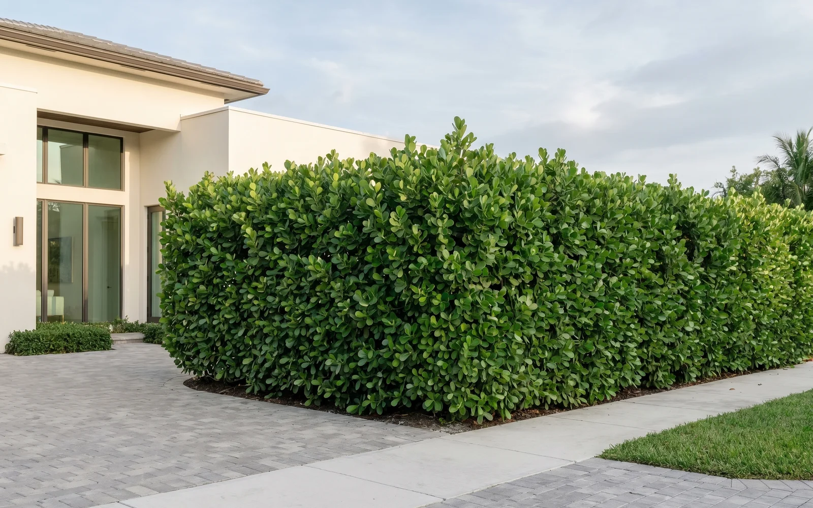 A completed mature Clusia hedge wrapping a corner-lot South Florida home for privacy from the side street.