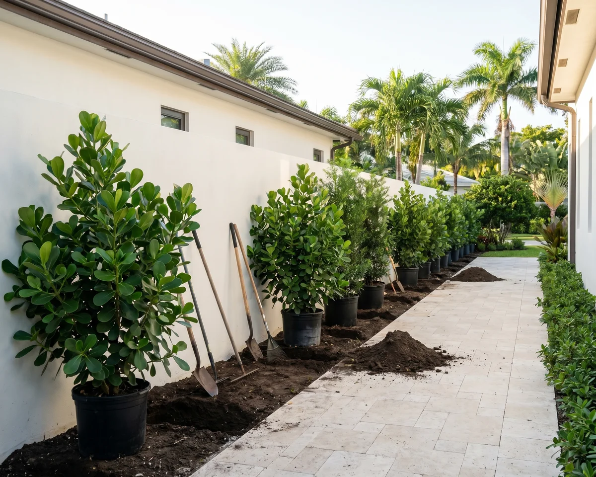 A Mr. Clusia installation taking shape along a Miami property line, with plants staged and soil prepped for planting.