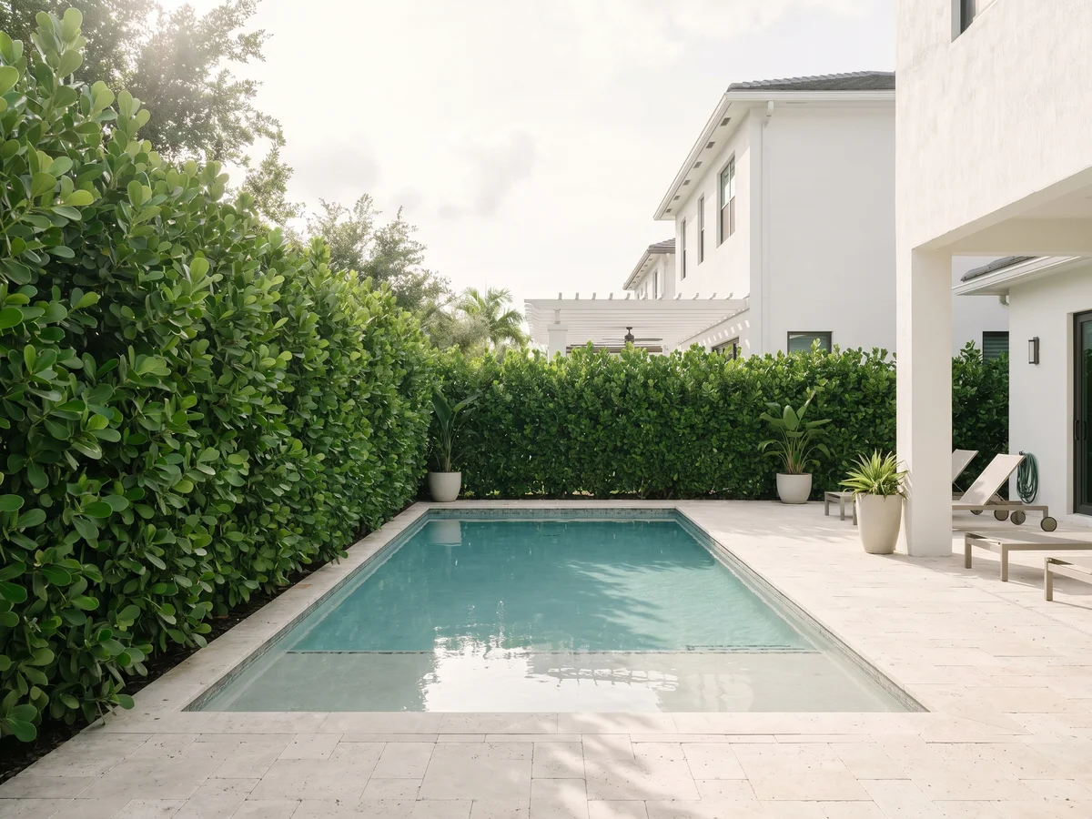 A Clusia hedge wrapping the pool area of a Kendall corner lot, forming a continuous green wall on three sides.