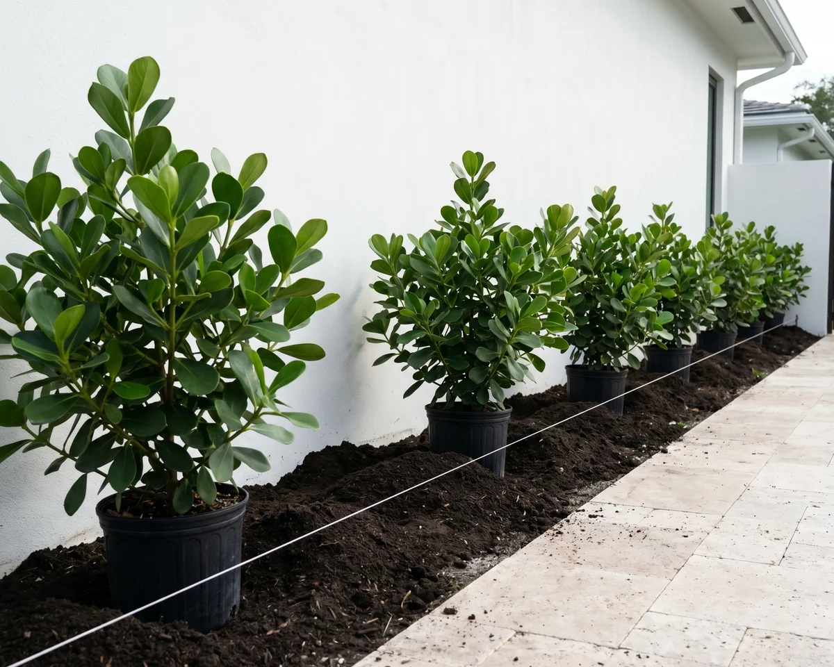 A prepped planting bed with soil amended and plants set on consistent centers along a straight string line, ready for final planting.