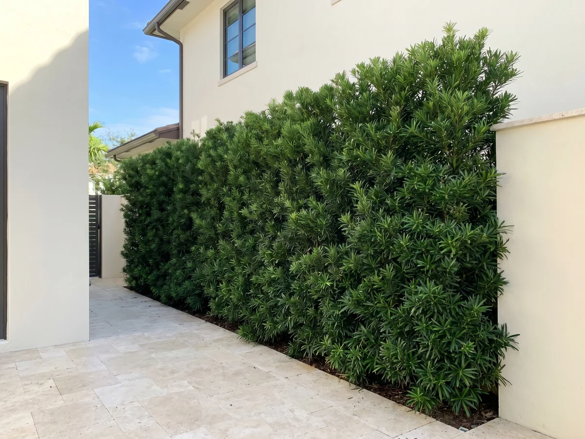 A tall Podocarpus hedge installed along a Coral Gables property line to block a neighboring two-story window.