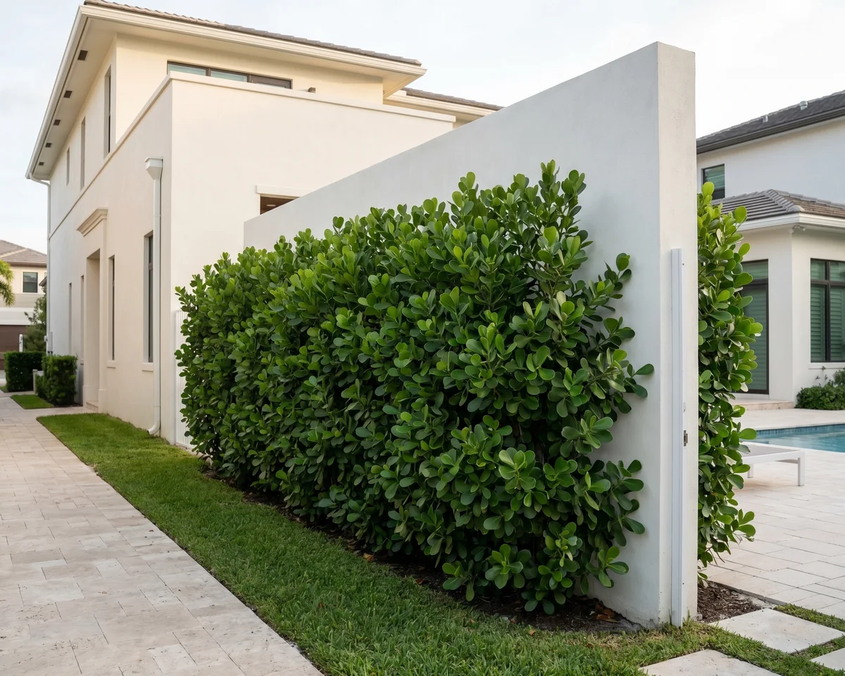 A dense privacy hedge in front of an existing fence line, illustrating the combined natural and structural approach to noise reduction on a South Florida property.