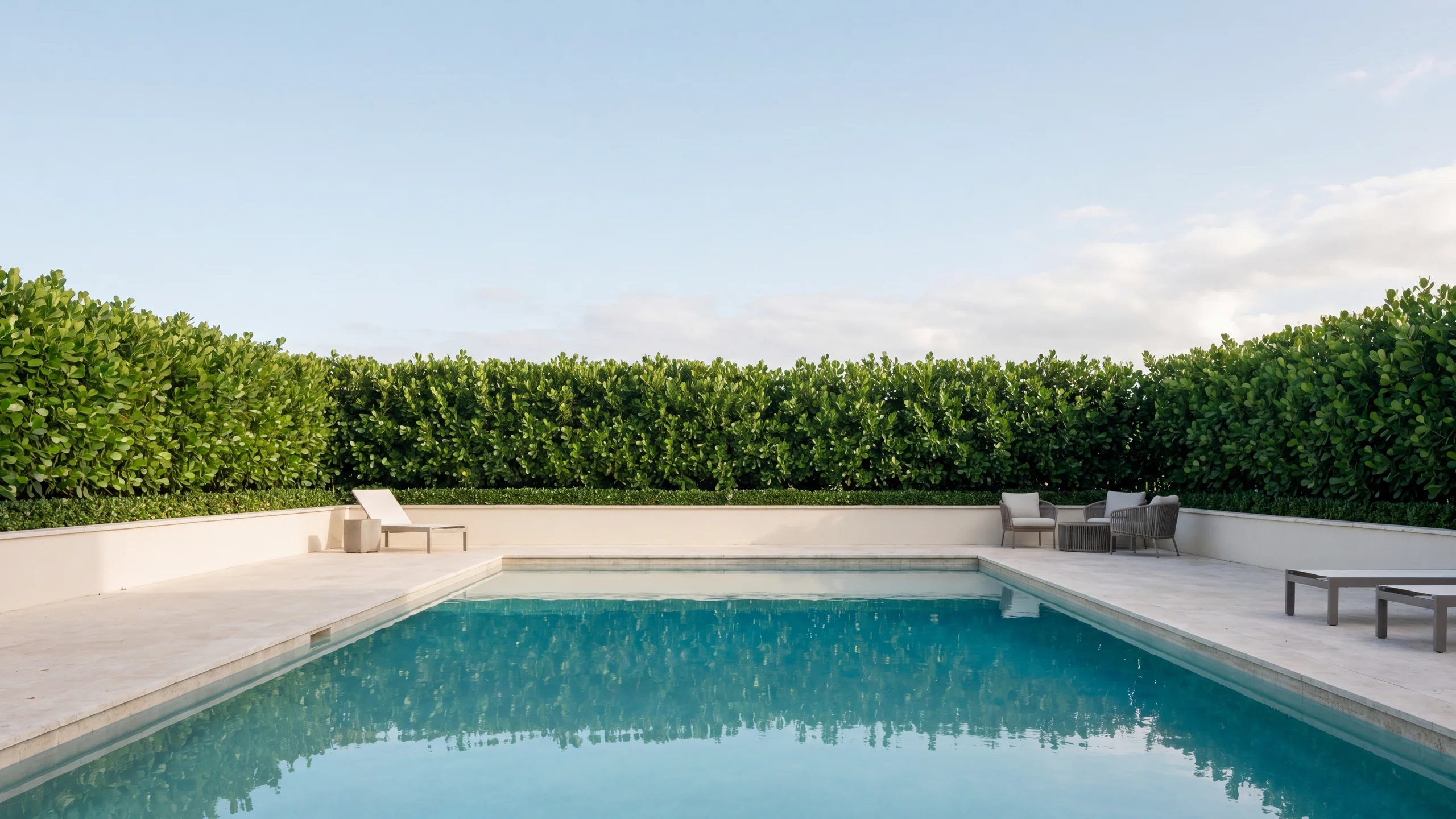 A dense, mature Clusia privacy hedge along a South Florida pool patio, illustrating the finished look of a natural privacy enclosure without a visible fence line.