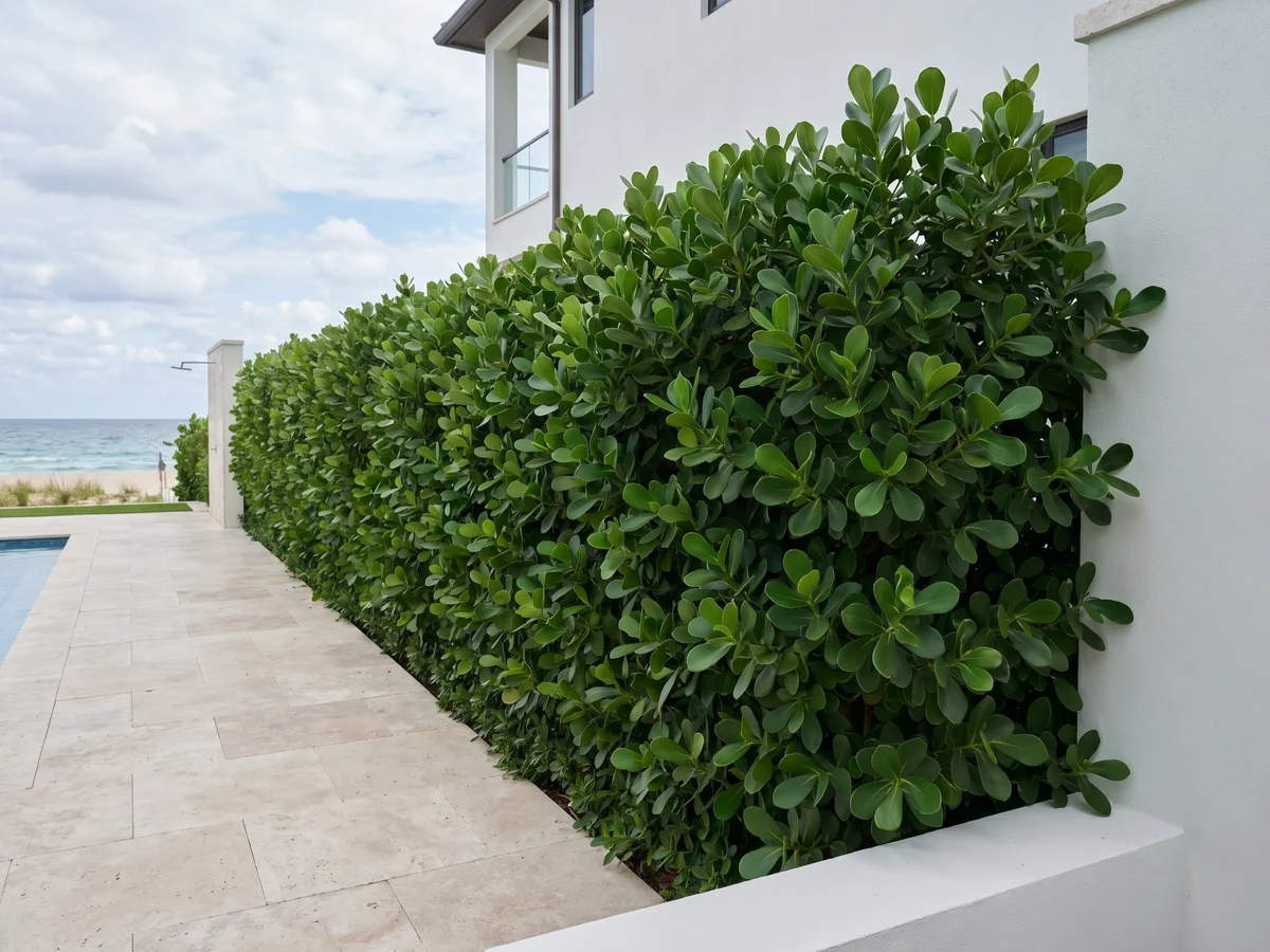 A mature Clusia hedge along the boundary of an Aventura near-coastal home, holding up against salt air and wind.