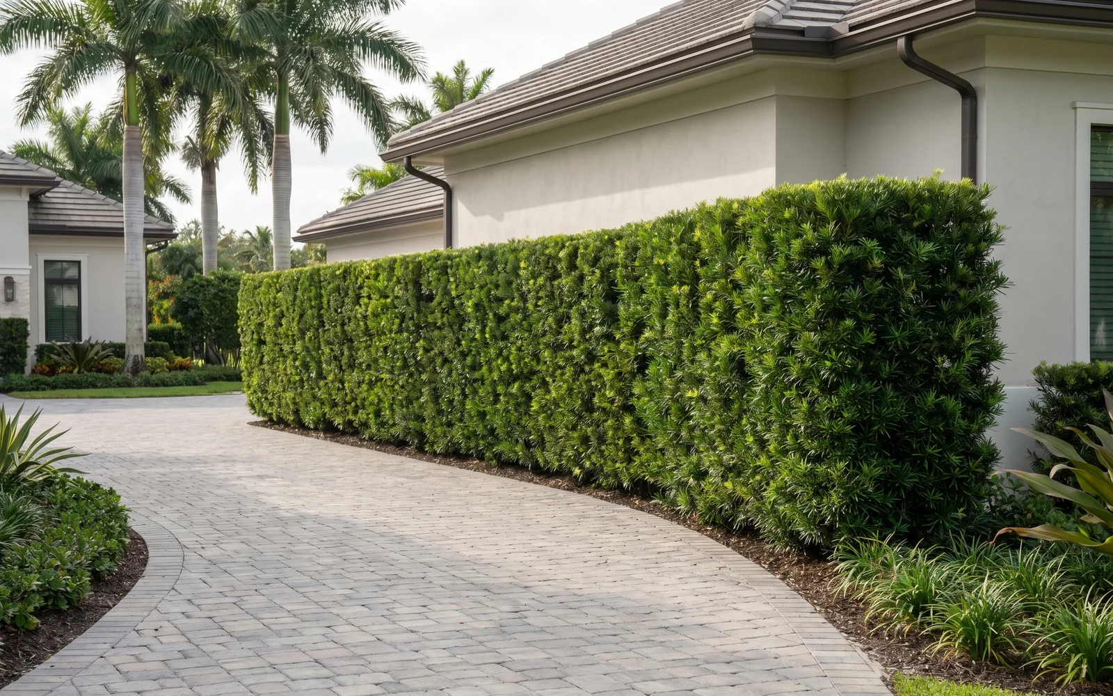 A completed tall Podocarpus privacy hedge running 180 feet along the entry drive of a Palm Beach Gardens country-club estate.
